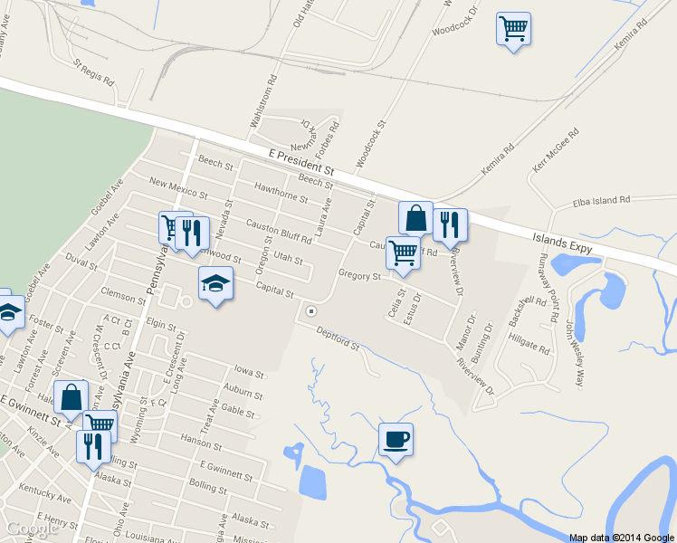 map of restaurants, bars, coffee shops, grocery stores, and more near 2898 Capital Street in Savannah