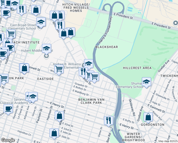 map of restaurants, bars, coffee shops, grocery stores, and more near 100 Bouhan Street in Savannah