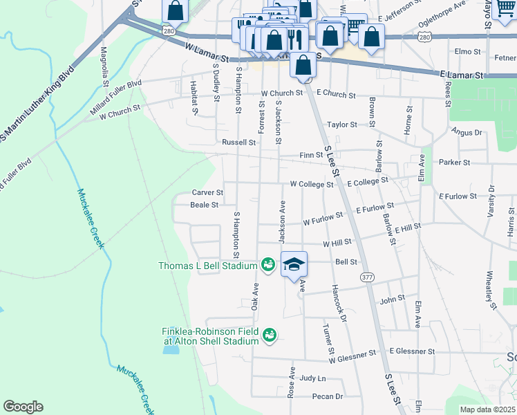 map of restaurants, bars, coffee shops, grocery stores, and more near 547 Oak Avenue in Americus