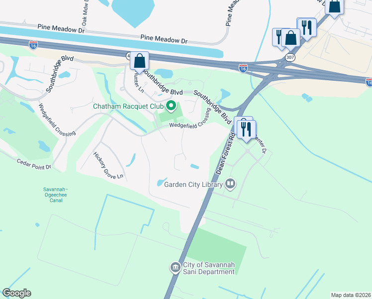 map of restaurants, bars, coffee shops, grocery stores, and more near 12 Oak Park Place in Savannah