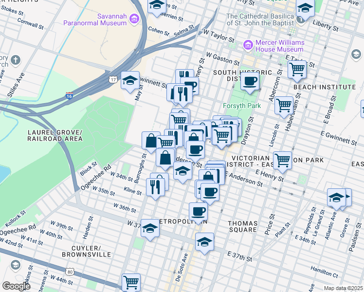 map of restaurants, bars, coffee shops, grocery stores, and more near 1308 Montgomery Street in Savannah