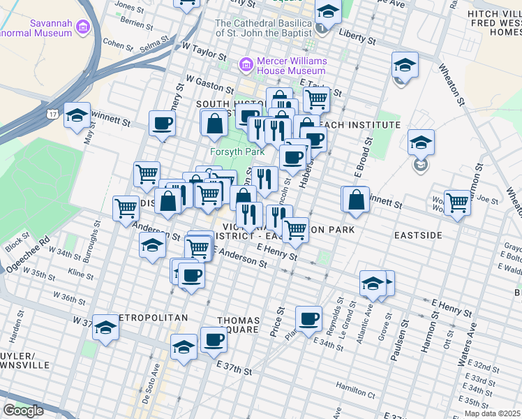 map of restaurants, bars, coffee shops, grocery stores, and more near 211 East Park Avenue in Savannah