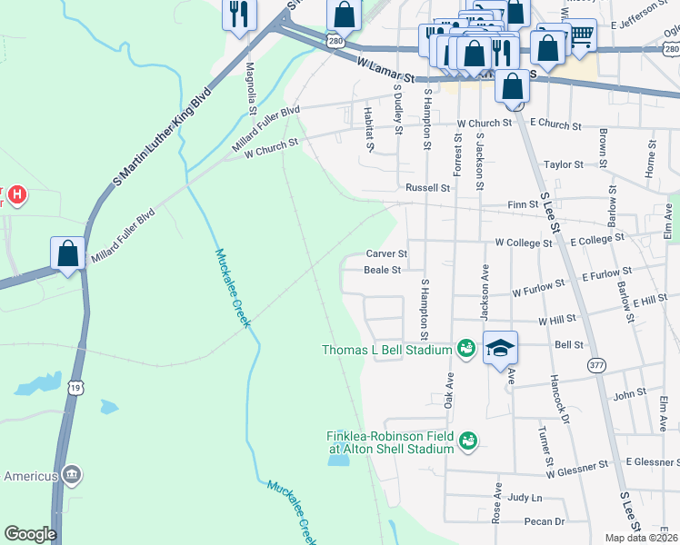 map of restaurants, bars, coffee shops, grocery stores, and more near 105 Bill Cross Street in Americus