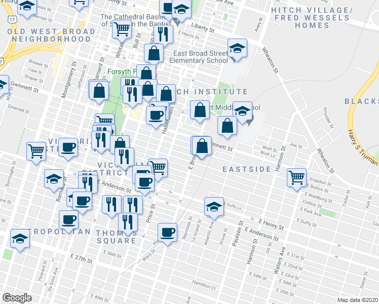 map of restaurants, bars, coffee shops, grocery stores, and more near 539 East Bolton Street in Savannah