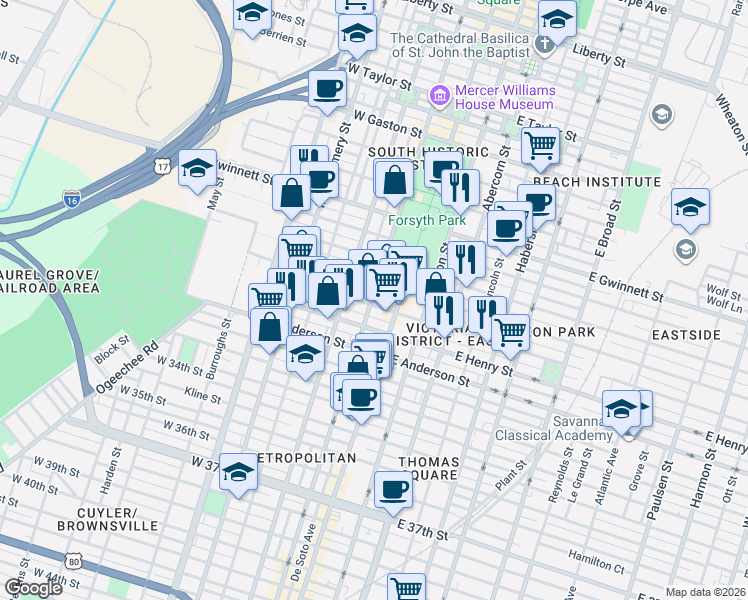map of restaurants, bars, coffee shops, grocery stores, and more near 1209 Whitaker Street in Savannah