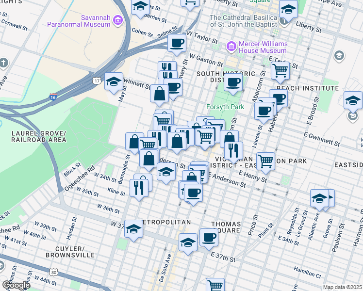 map of restaurants, bars, coffee shops, grocery stores, and more near 214 West Henry Street in Savannah