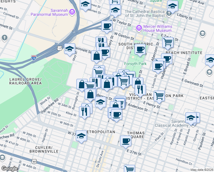 map of restaurants, bars, coffee shops, grocery stores, and more near 214 West Henry Street in Savannah