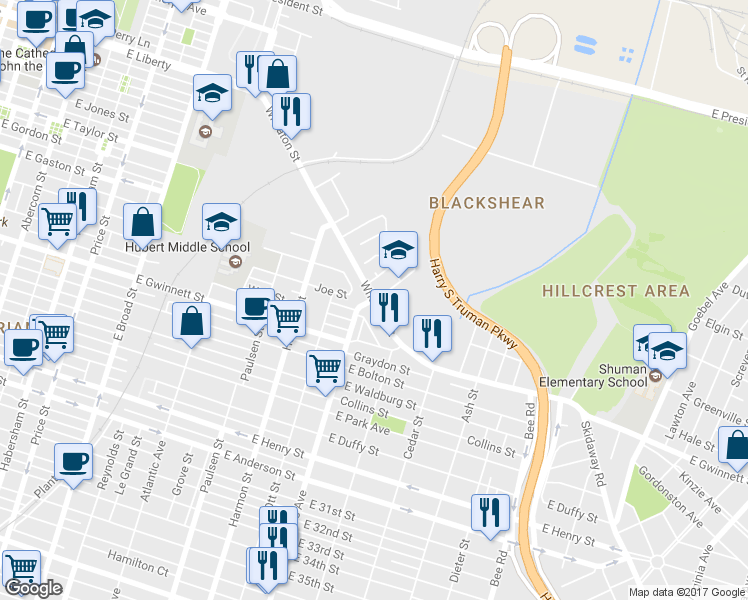 map of restaurants, bars, coffee shops, grocery stores, and more near Wheaton St & Bouhan St in Savannah