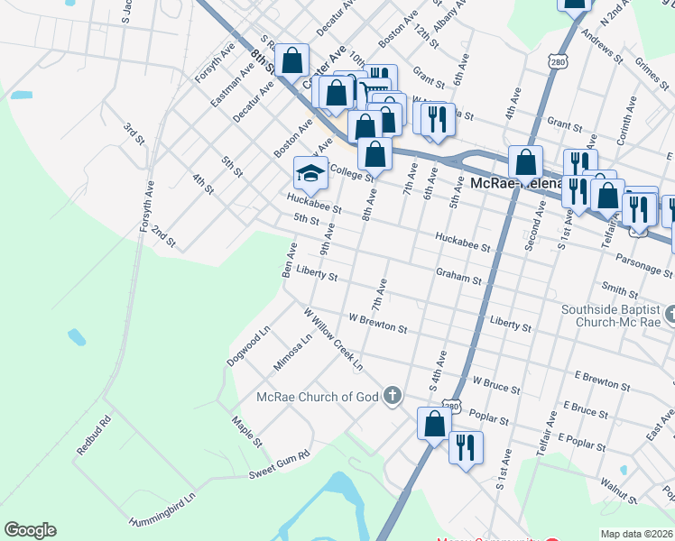 map of restaurants, bars, coffee shops, grocery stores, and more near 179 Liberty Street in McRae-Helena