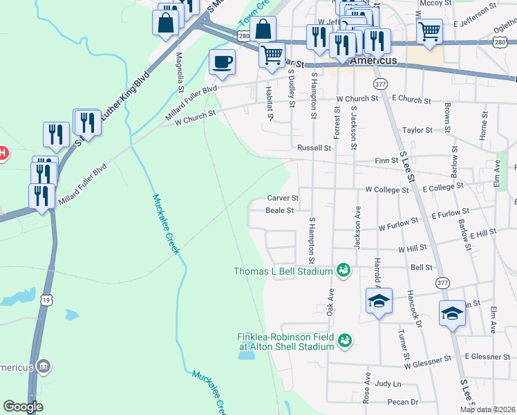 map of restaurants, bars, coffee shops, grocery stores, and more near 105 Bill Cross Street in Americus