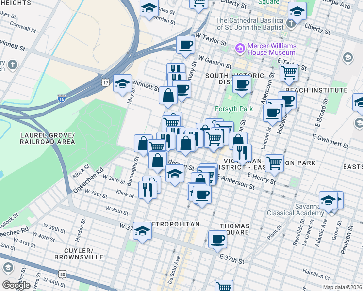 map of restaurants, bars, coffee shops, grocery stores, and more near 214 West Henry Street in Savannah