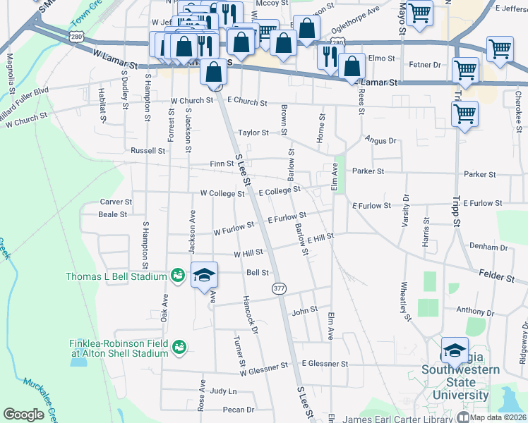 map of restaurants, bars, coffee shops, grocery stores, and more near 601 South Lee Street in Americus