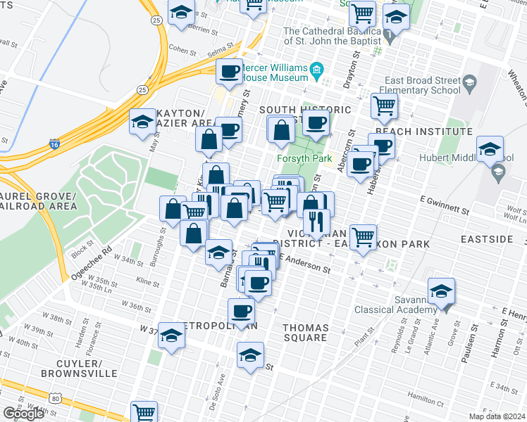 map of restaurants, bars, coffee shops, grocery stores, and more near 1209 Whitaker Street in Savannah