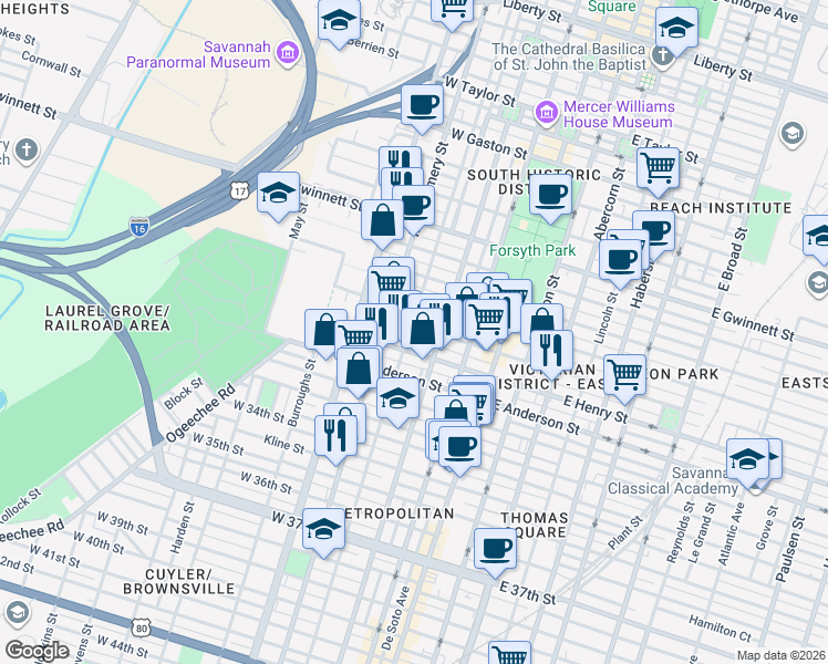 map of restaurants, bars, coffee shops, grocery stores, and more near 214 West Henry Street in Savannah