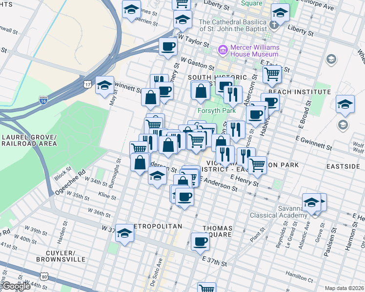 map of restaurants, bars, coffee shops, grocery stores, and more near 1209 Whitaker Street in Savannah