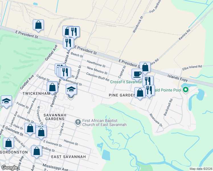 map of restaurants, bars, coffee shops, grocery stores, and more near 2227 Causton Bluff Road in Savannah