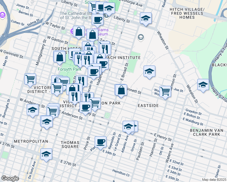 map of restaurants, bars, coffee shops, grocery stores, and more near 531 East Gwinnett Street in Savannah