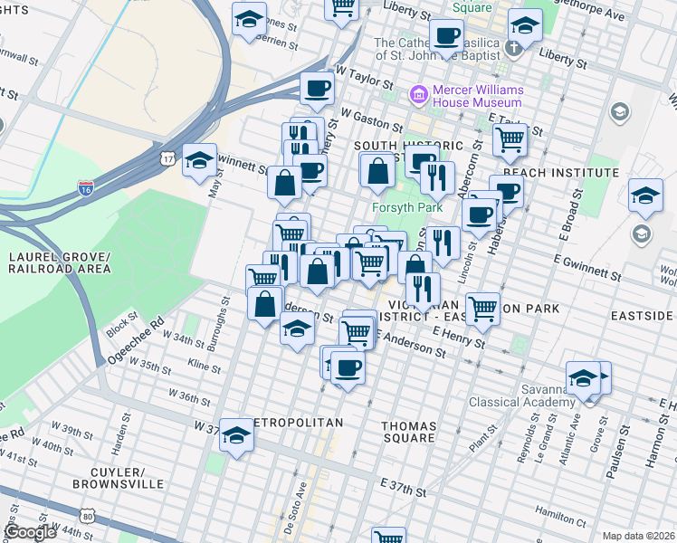 map of restaurants, bars, coffee shops, grocery stores, and more near in Savannah