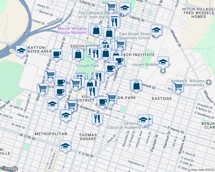 map of restaurants, bars, coffee shops, grocery stores, and more near 308 East Waldburg Street in Savannah