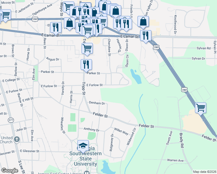 map of restaurants, bars, coffee shops, grocery stores, and more near 1020 East Furlow Street in Americus