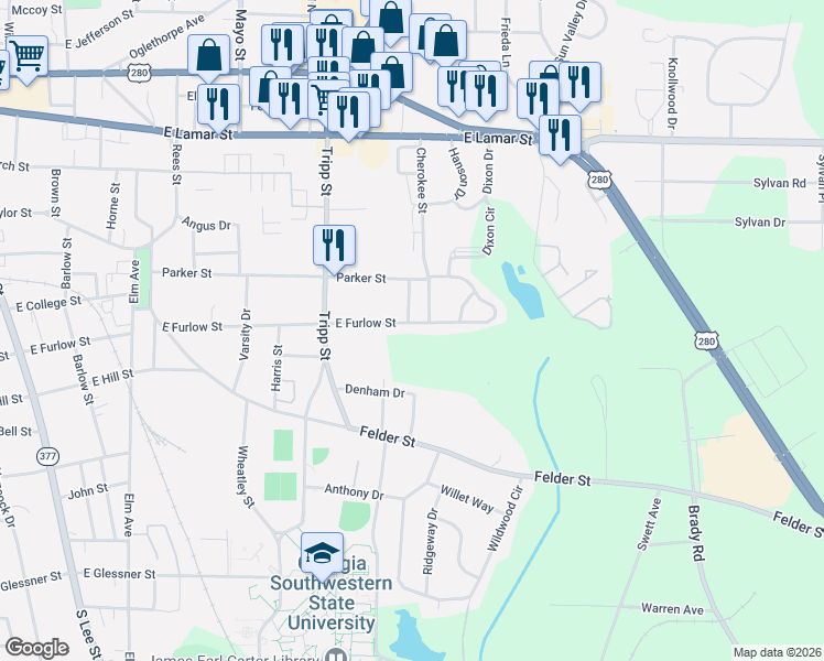 map of restaurants, bars, coffee shops, grocery stores, and more near 1020 East Furlow Street in Americus
