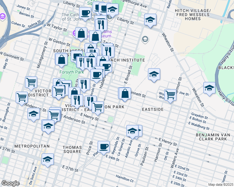 map of restaurants, bars, coffee shops, grocery stores, and more near 531 East Gwinnett Street in Savannah