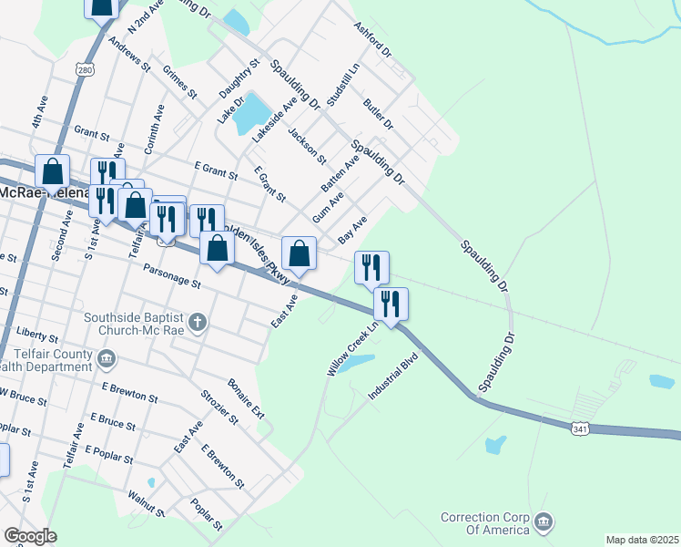 map of restaurants, bars, coffee shops, grocery stores, and more near 719 Collins Street in McRae-Helena