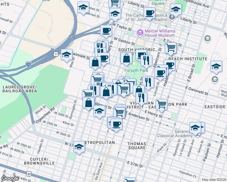 map of restaurants, bars, coffee shops, grocery stores, and more near in Savannah