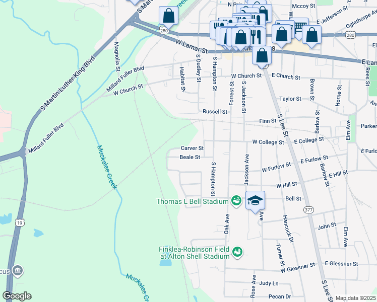 map of restaurants, bars, coffee shops, grocery stores, and more near 714 Carver Street in Americus