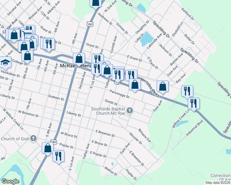 map of restaurants, bars, coffee shops, grocery stores, and more near 301-303 Parsonage Street in McRae