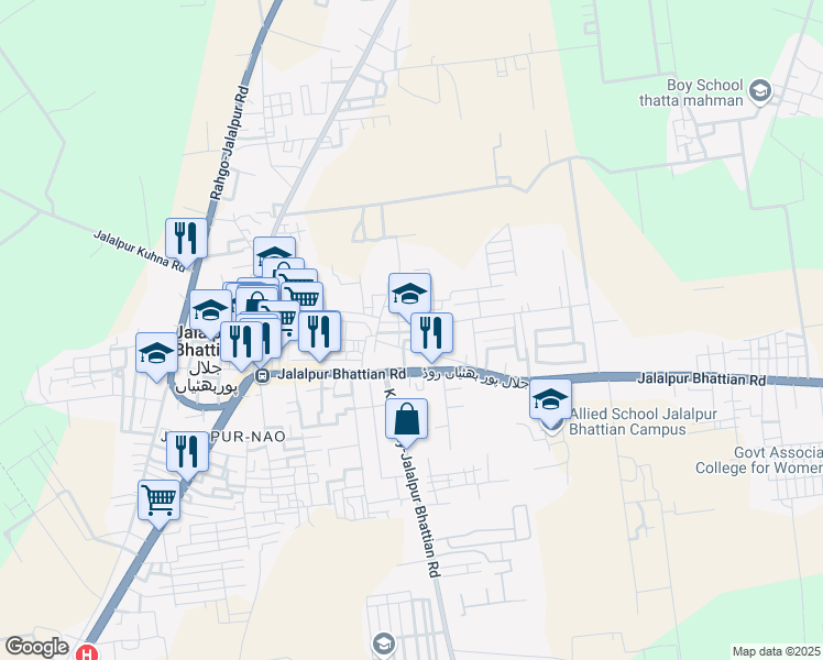 map of restaurants, bars, coffee shops, grocery stores, and more near Main Bazar Road in Jalalpur Bhattian
