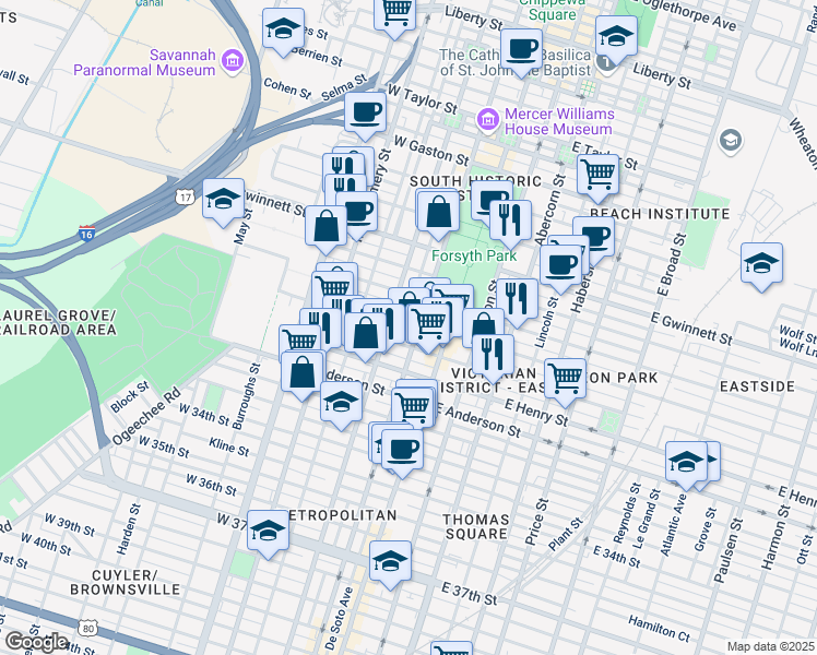 map of restaurants, bars, coffee shops, grocery stores, and more near in Savannah