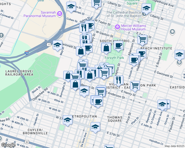 map of restaurants, bars, coffee shops, grocery stores, and more near 1108 Jefferson Street in Savannah