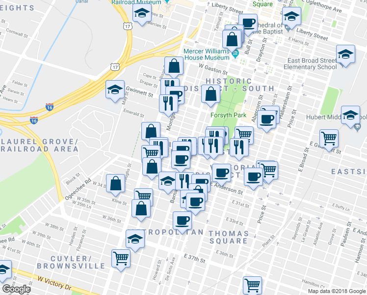 map of restaurants, bars, coffee shops, grocery stores, and more near 1108 Jefferson Street in Savannah