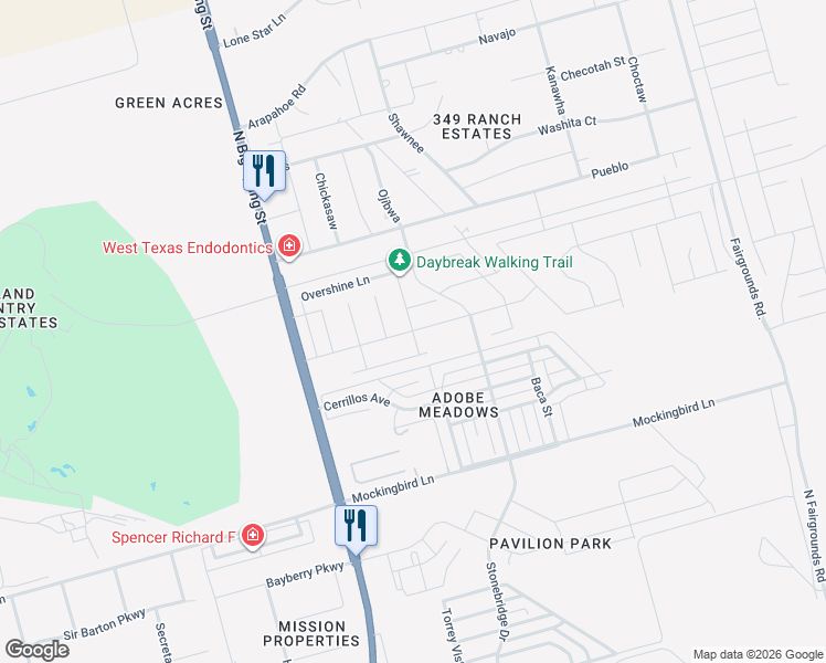 map of restaurants, bars, coffee shops, grocery stores, and more near Day Break Way in Midland