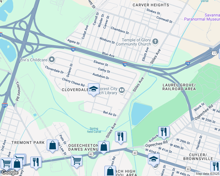 map of restaurants, bars, coffee shops, grocery stores, and more near 1428 Cloverdale Drive in Savannah