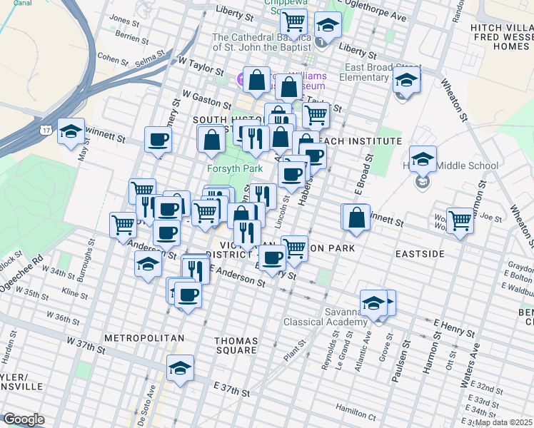 map of restaurants, bars, coffee shops, grocery stores, and more near 906 Abercorn Street in Savannah