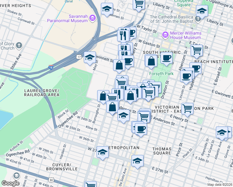 map of restaurants, bars, coffee shops, grocery stores, and more near 408 West Park Lane in Savannah