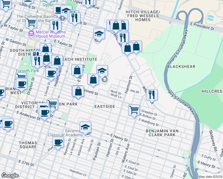 map of restaurants, bars, coffee shops, grocery stores, and more near 703 Joe Street in Savannah