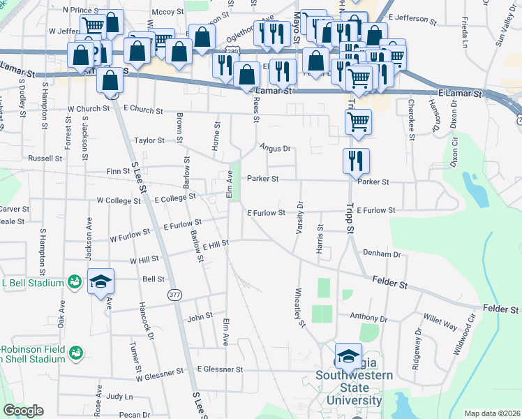 map of restaurants, bars, coffee shops, grocery stores, and more near 612 Rees Park in Americus