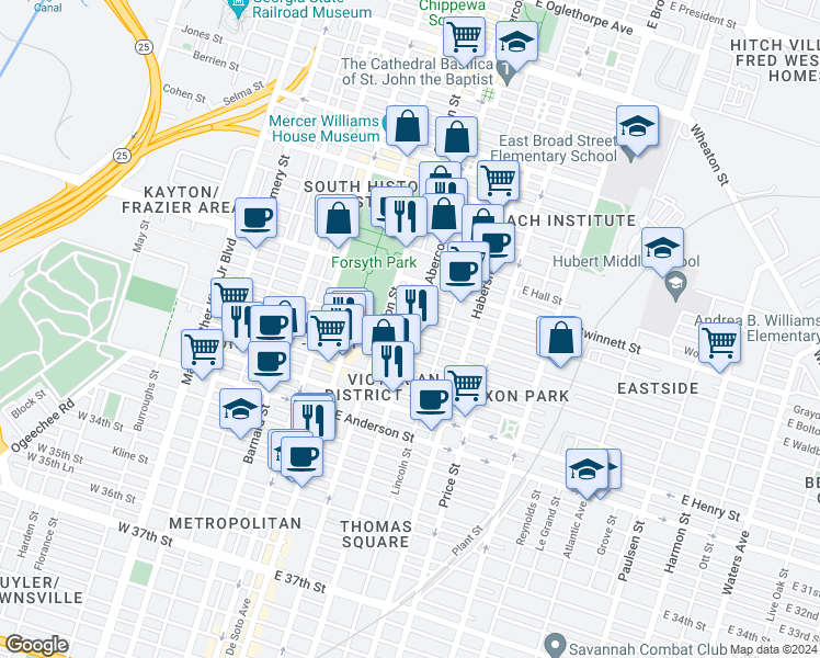 map of restaurants, bars, coffee shops, grocery stores, and more near 906 Abercorn Street in Savannah