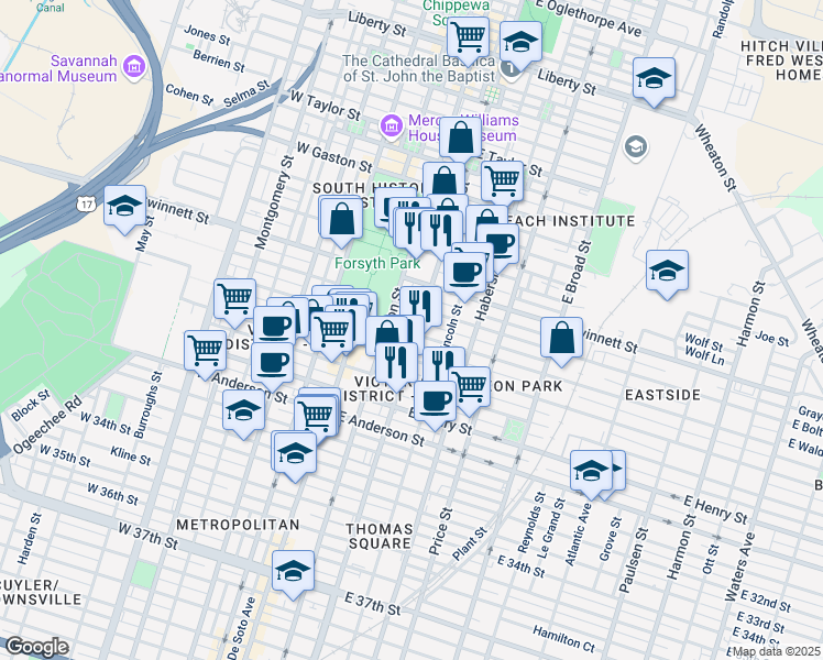 map of restaurants, bars, coffee shops, grocery stores, and more near 906 Abercorn Street in Savannah