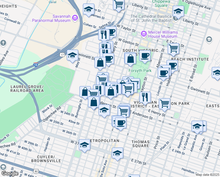 map of restaurants, bars, coffee shops, grocery stores, and more near 1108 Jefferson Street in Savannah