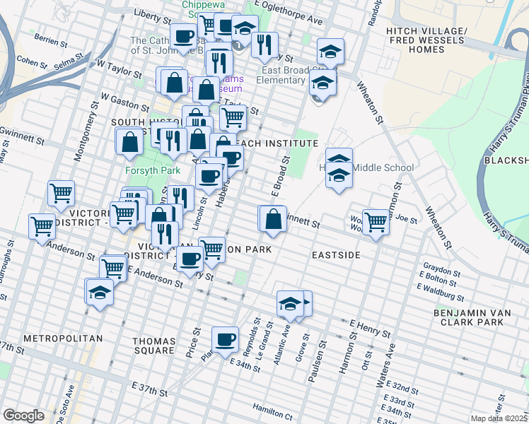map of restaurants, bars, coffee shops, grocery stores, and more near 531 East Gwinnett Street in Savannah