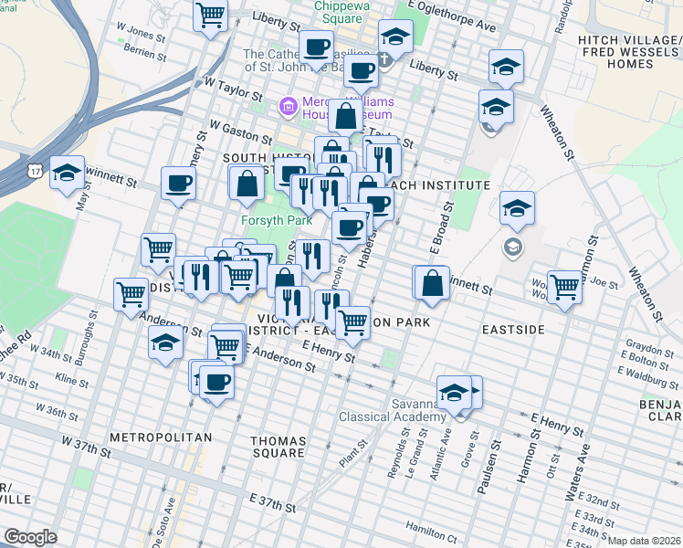 map of restaurants, bars, coffee shops, grocery stores, and more near 305 East Bolton Street in Savannah