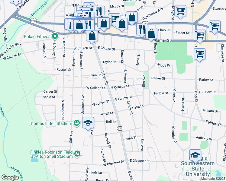 map of restaurants, bars, coffee shops, grocery stores, and more near 502 South Lee Street in Americus