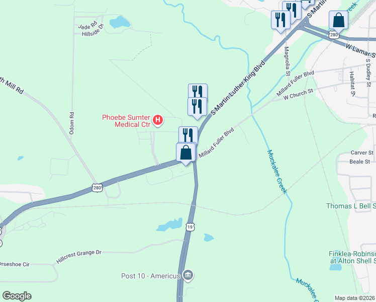map of restaurants, bars, coffee shops, grocery stores, and more near 122 U.S. 280 in Americus