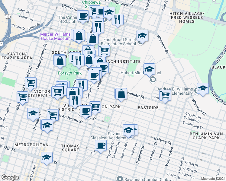 map of restaurants, bars, coffee shops, grocery stores, and more near 531 East Gwinnett Street in Savannah