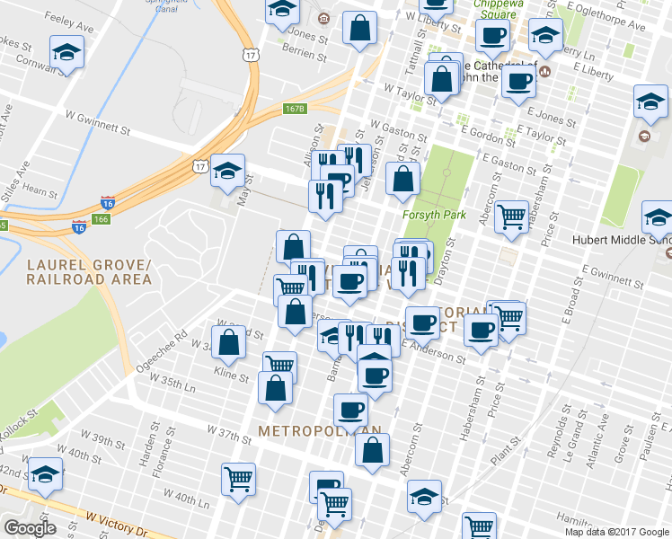 map of restaurants, bars, coffee shops, grocery stores, and more near 1108 Jefferson Street in Savannah