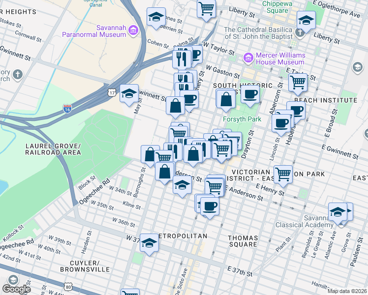 map of restaurants, bars, coffee shops, grocery stores, and more near 408 West Park Lane in Savannah